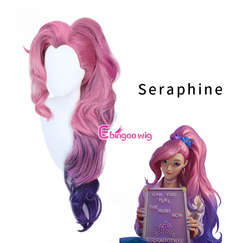 Ebingoo Game LOL Seraphine KDA Cosplay Wig Long Pink Mixed Purple Loose Wave Heat Resistant Synthetic Hair For Halloween Party