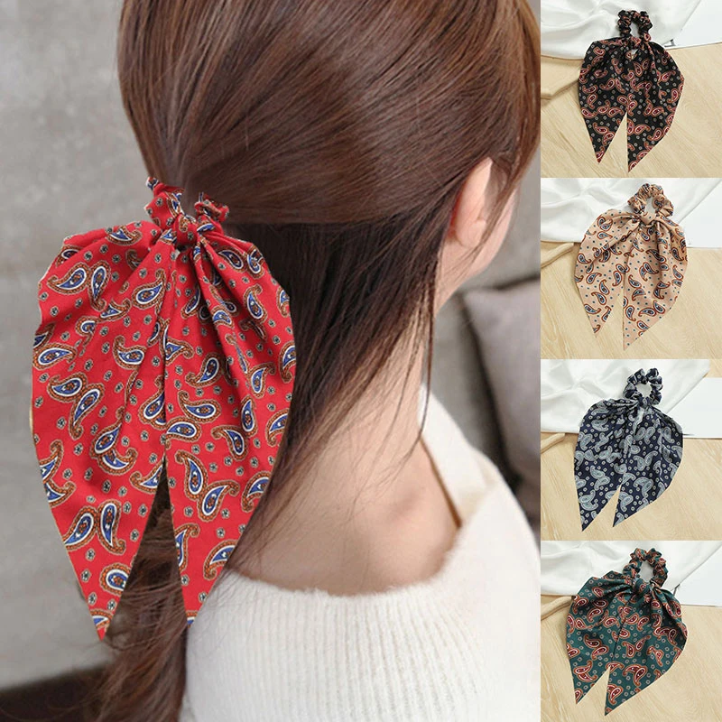 

1PC Vintage Print Women Hair Scrunchie Bows Ponytail Holder Hairbands Bow Knot Scrunchy Girls Hair Ties Hair Accessories