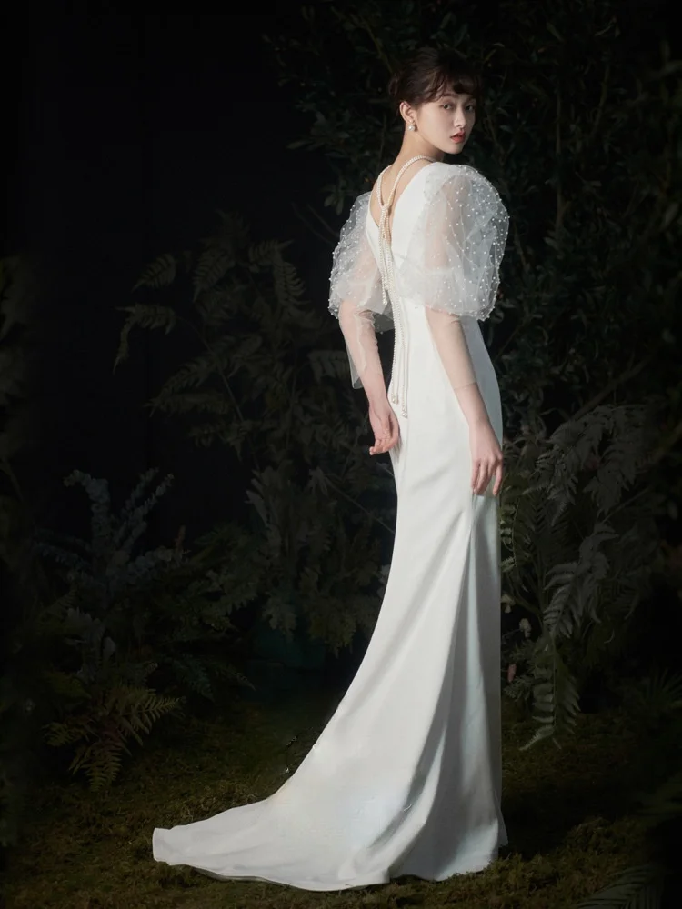 

2021 French Mermaid Satin Wedding Elegant Birthday Party Prom Simple Hepburn Pearl Puff Sleeve Fairy Formal Trailing Dress A212