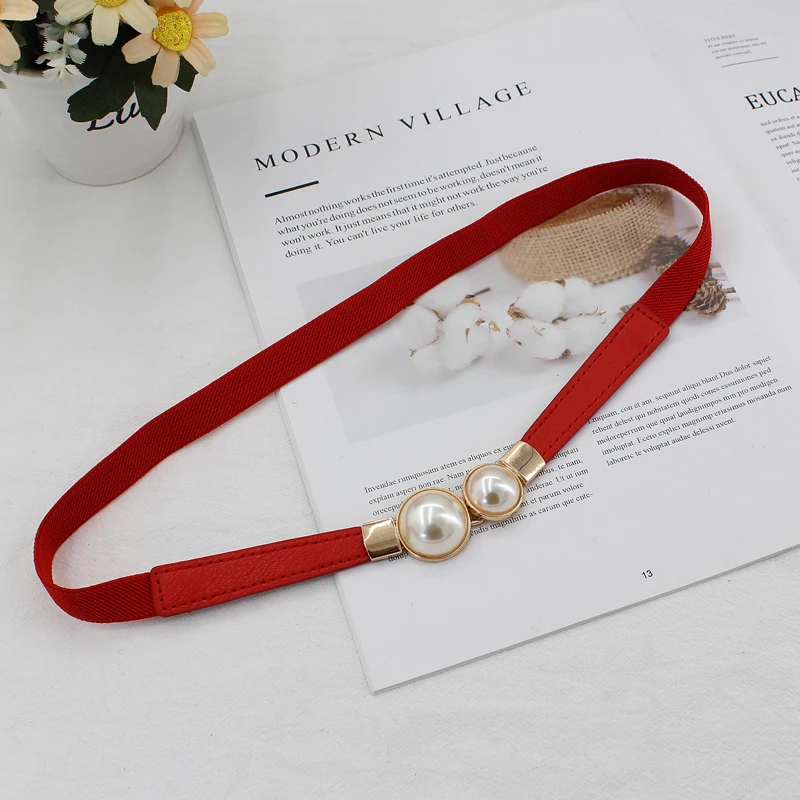 

Belts Women Casual High-elastic Pearl Decoration Buckle Belt For Female Dress Cummerbund