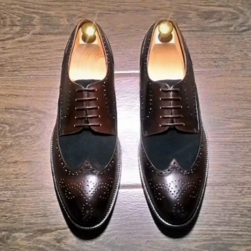 

New Men PU Leather Stitching Lace Up Two-color Wingtip Block Derby Shoes Fashion Business Dress Shoes Classic Versatile 8KH372
