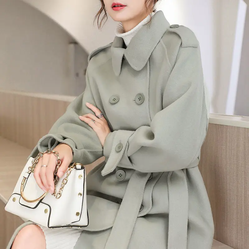 

2021 New Autumn Winter Women Elegant Long Wool Coat with Belt Female Chic Solid Color Long Sleeve Outerwear Ladies Overcoat W777