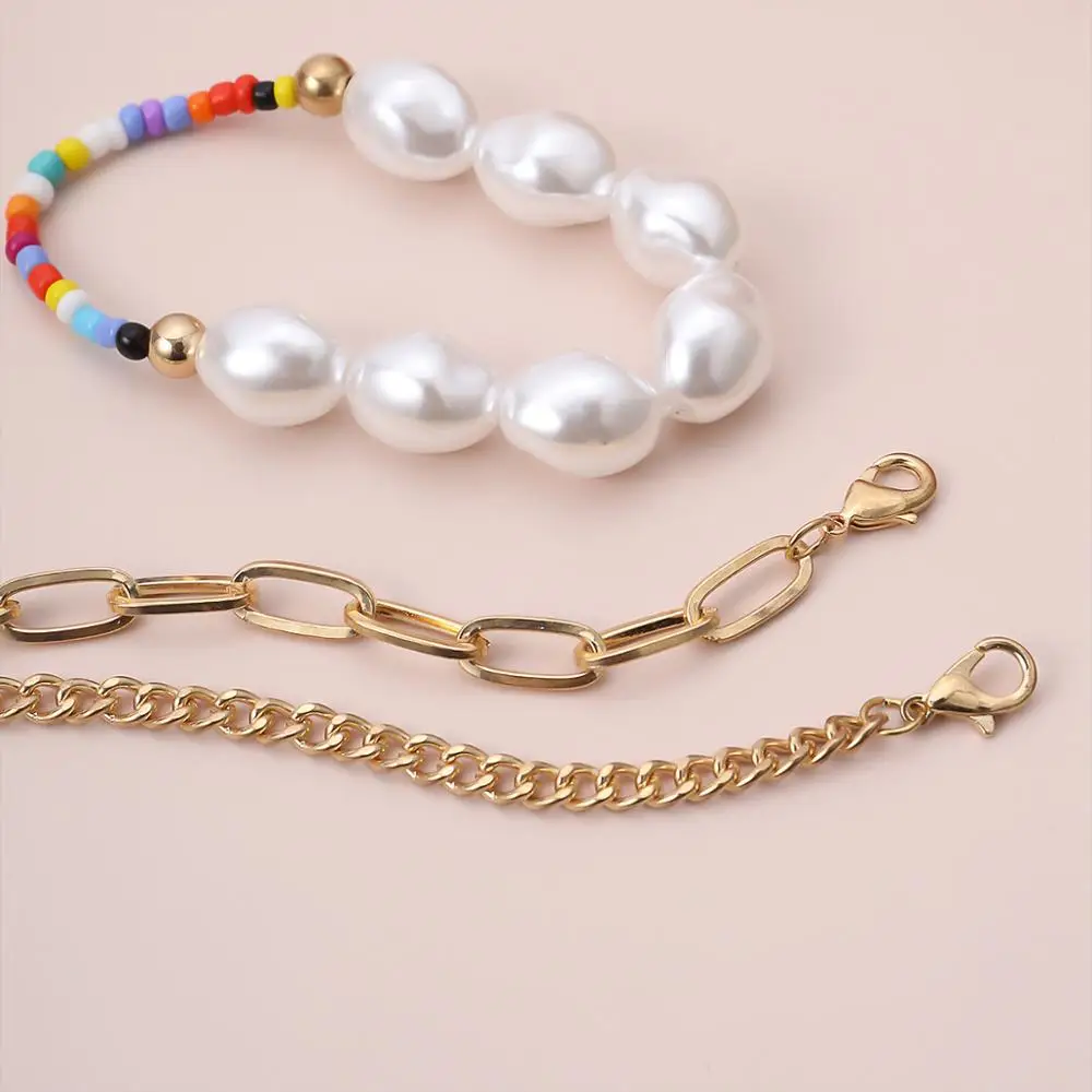 

IngeSight.Z 3Pcs/Set Rainbow Seed Beaded Imitation Pearl Bracelets Bangles Miami Curb Cuban Bracelets Wrap Wrist Chain Jewelry