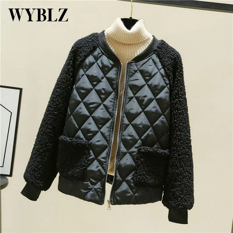 Winter Women Lamb Wool Short jacket 2021 New Korean Loose Lambswool Splice Parkas coat Female Cotton-padded Jackets Outwear