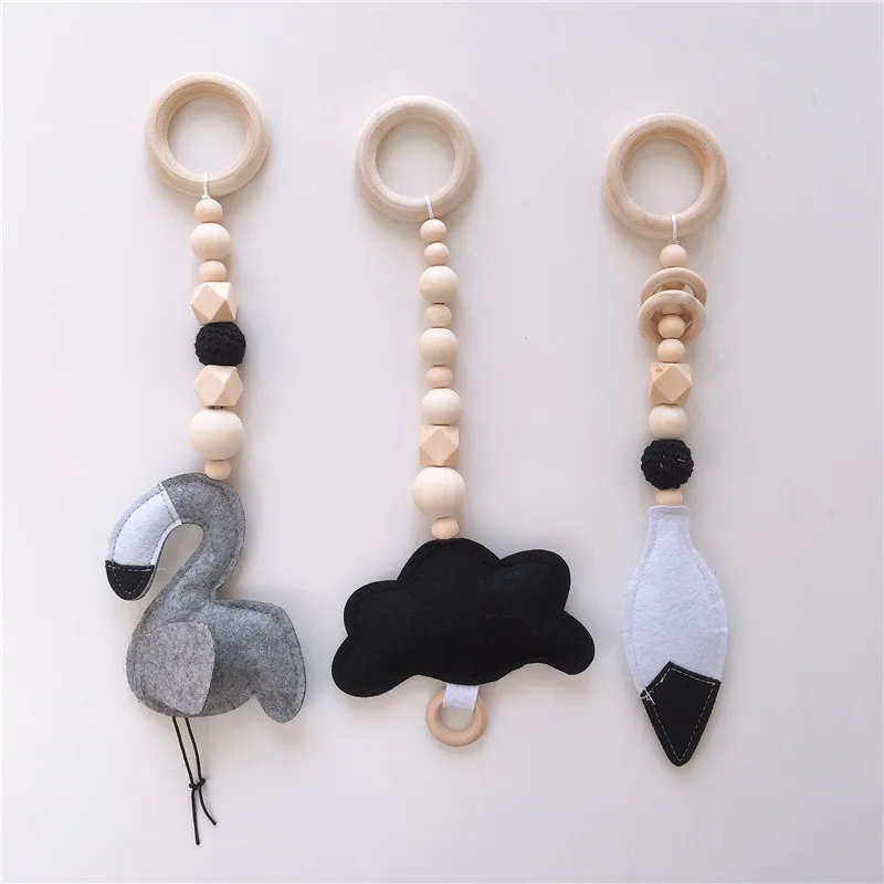 Wooden Beads Nursery Bead Wall Ornaments With Felt Feather Flamingo Tent Hanging Pendant Baby Rattle Stroller Play Gym Toy Decor