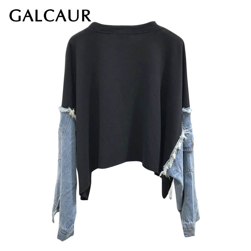 

GALCAUR Patchwork Denim Sweatshirt For Women O Neck Batwing Long Sleeve Hit Color Cotton Oversized Sweatshirts Female 2020 Tide