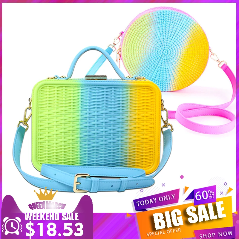 Женские сумки через плечо модные плетеные сумочки и радужной расцветки