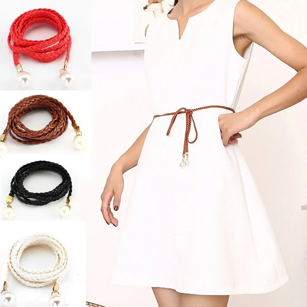 

Women Belt Style Candy Color Waist Chain Hemp Rope Braided Big Pearl Dress Belt Casual Thin Belt For Dress Lady Women Wholesale