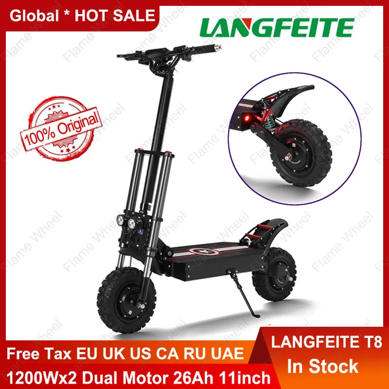 Verkaufen LANGFEITE T8 1200Wx2 Dual Motor 26Ah 11inch Klapp Elektrische Roller Top Geschwindigkeit 70 Km/h Max. Last 150kg Off Raod E-Roller