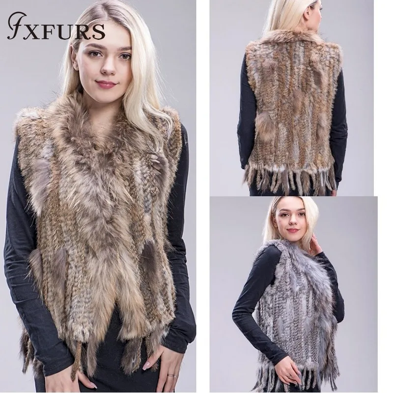 FXFURS из натурального кроличьего меха; вязаная жилетка; куртка из искусственного меха, красочные кролика, енота меховая вязаная жилетка 16 Цвета