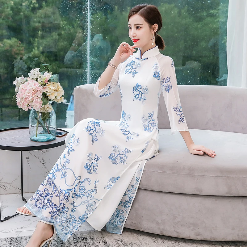 Чонсам aodai белая женская aodai вьетнамская традиционная одежда ao dai вьетнамское платье вьетнамские костюмы Улучшенный чонсам