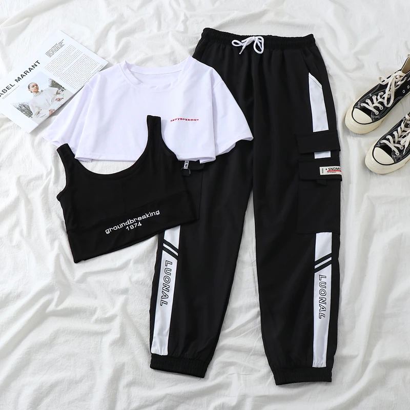 

2021 New 3 Pieces Set Summer Women Casual Cargo Pants Suit Set Streetwear Outfit Harajuku Solid Short Sleeve Female Trousers Set