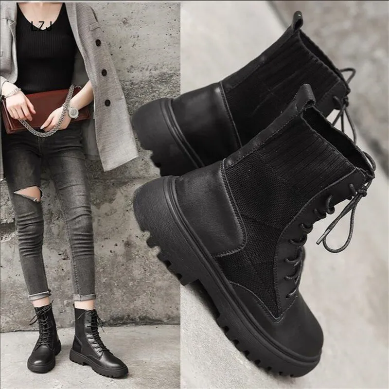 

LZJ 2019 Black Ankle Boots for Women Lace Up Platform Boots Women Winter Warm Plush Women Boots Street Style Shoes Size 35-40