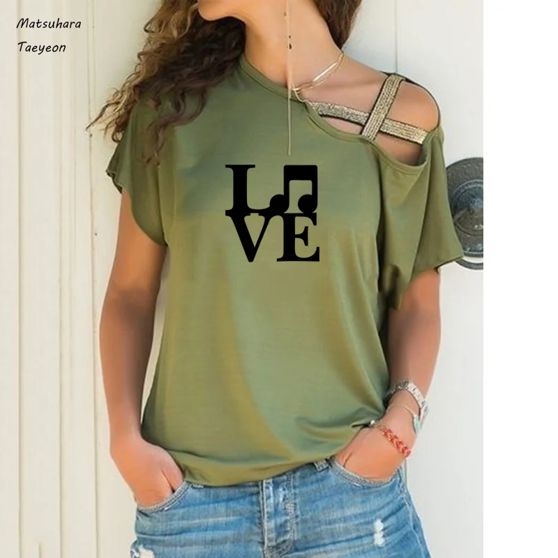 

Funny Love Music Printed Woman Tshirt Top Short Sleeved Graphict Shirt Irregular Skew Cross Bandage Oversized T Shirt Woman