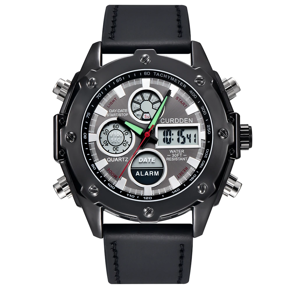 

Мужские многофункциональные часы CURDDEN, модные спортивные многофункциональные часы с хронографом и кожаным ремешком, в стиле милитари, с дво...