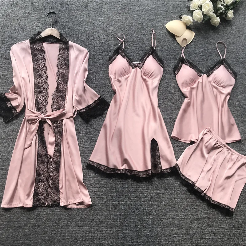 

4 Pieces Pajama Sets Women Spaghetti Strap Lace Satin Sleepwear Silk Nightwear Pyjama Sleep Lounge Pijama Nighties Girl Homewear