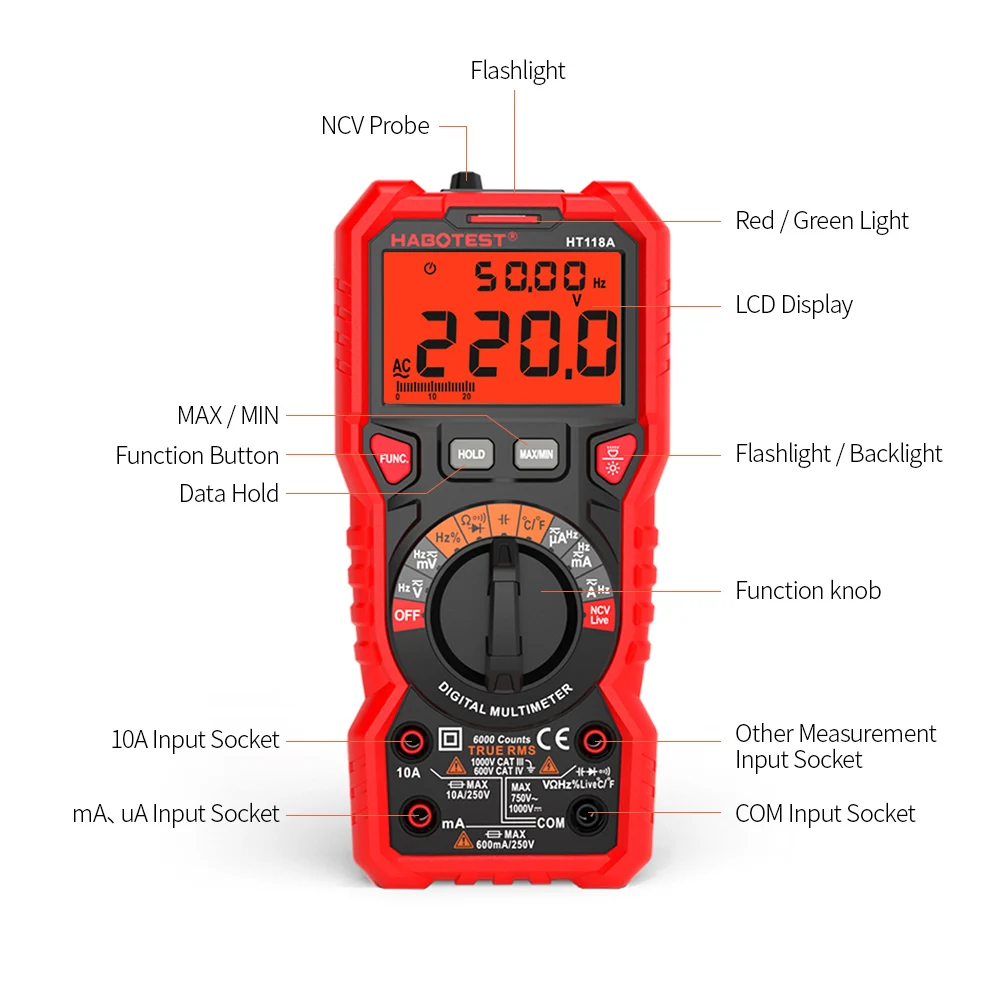Цифровой мультиметр HABOTEST HT118A NCV с автоматическим диапазоном 6000 отсчетов