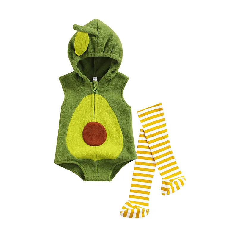 

Lovely Infant Toddler Baby's Clothes Girls Boys Bodysuit Clothes Avocado Printed Sleeveless Zipper Hooded Jumpsuits Striped Sock