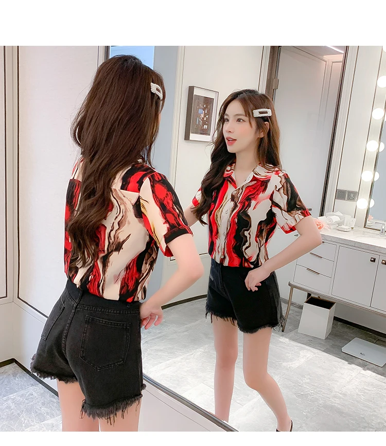 

Houthion Women's Blusas Casual Korean Blouses Summer Chiffon Polo Collar Printing Fashion New Short-sleeved Tops Lady Shirts