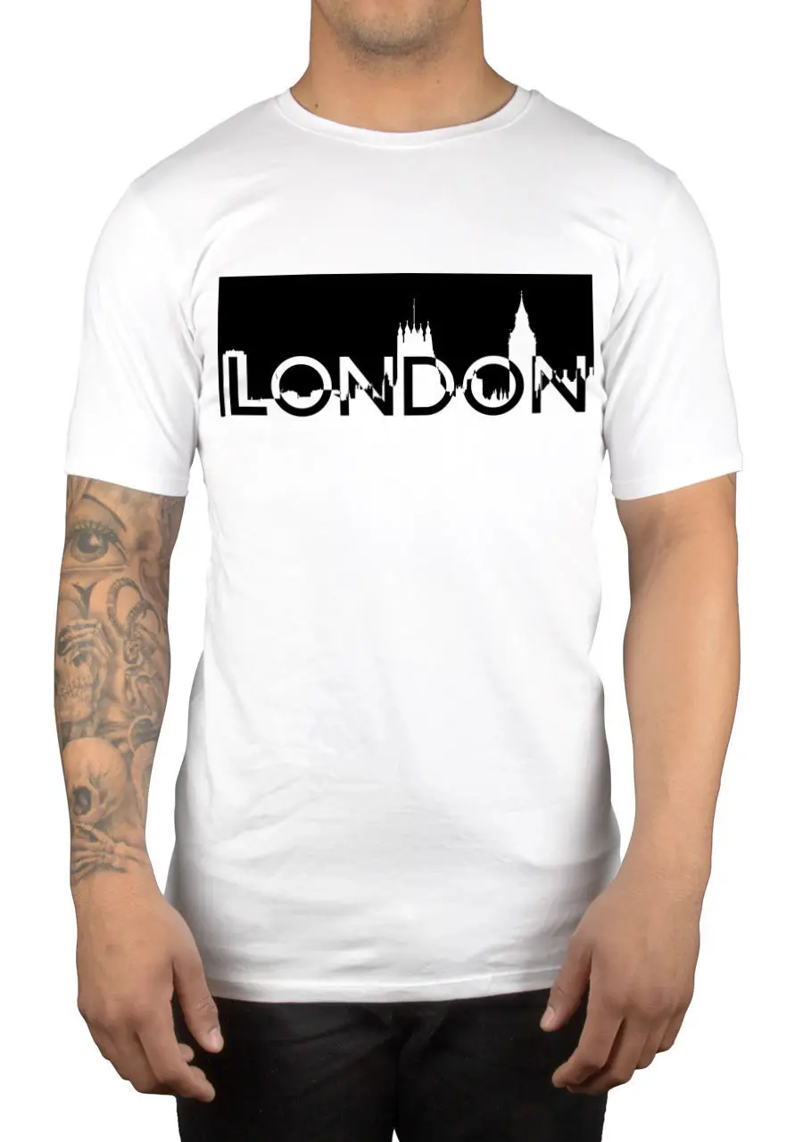 

London Skyline Black and White Logo T-Shirt Big Ben London Eye The Gherkin Men Adult Slim Fit T Shirt S-XXxl