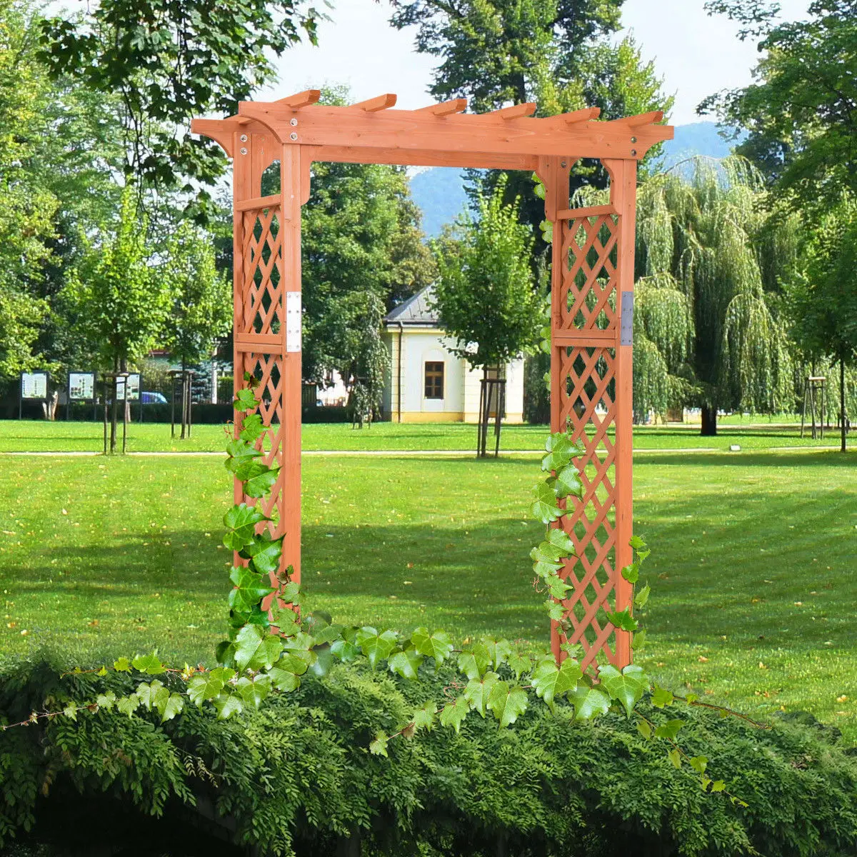 

Costway Arbor Over 7FT High Wooden Garden Arch Trellis Pergola Outdoor Patio Plant OP70523