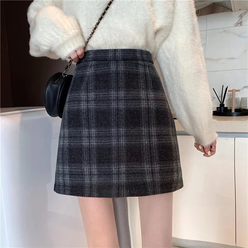 

Women Skirts Plaid A-line High Waist Winter All-match Ulzzang Girlfriends Chic Outwear Korean Style Medium Long Bottoms Female