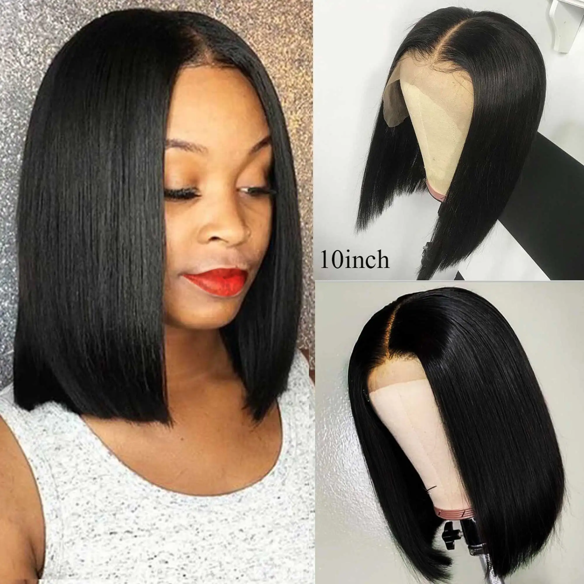 Прямые короткие бесклеевые парики Sunber из человеческих волос на сетке спереди