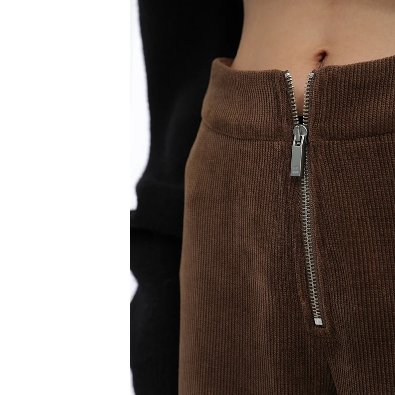 

Женские вельветовые брюки Limiguyue, коричневые, черные брюки в пол, облегающие брюки с высокой талией, расклешенные брюки на молнии, брюки люкс ...