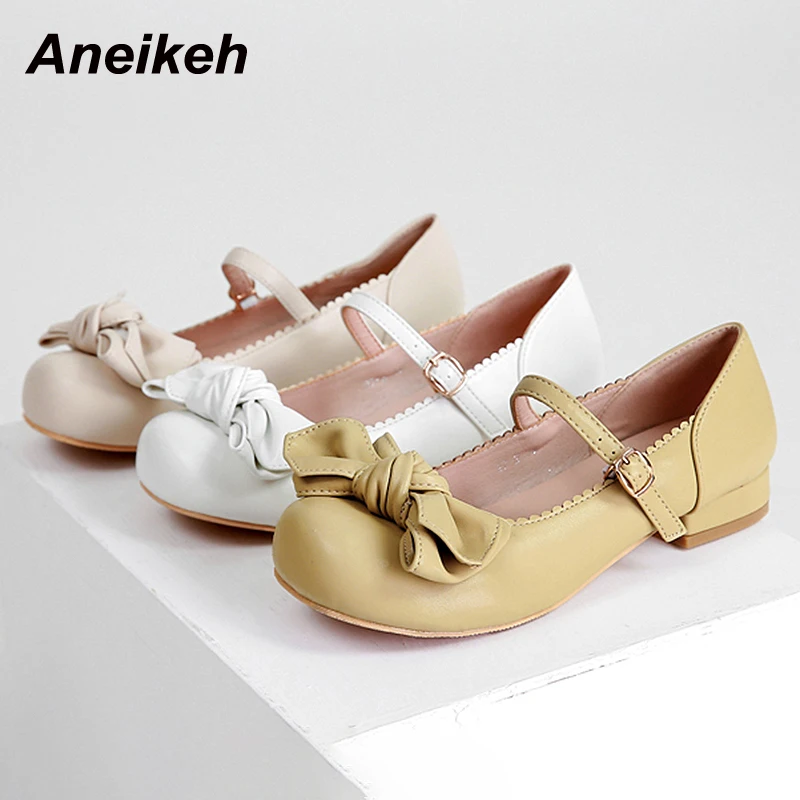 

Aneikeh Spring/Autumn Fashion PU Round Toe Pumps Square Heels Dress Leisure Butterfly-Knot Shallow Mary Janes Solid Buckle Strap