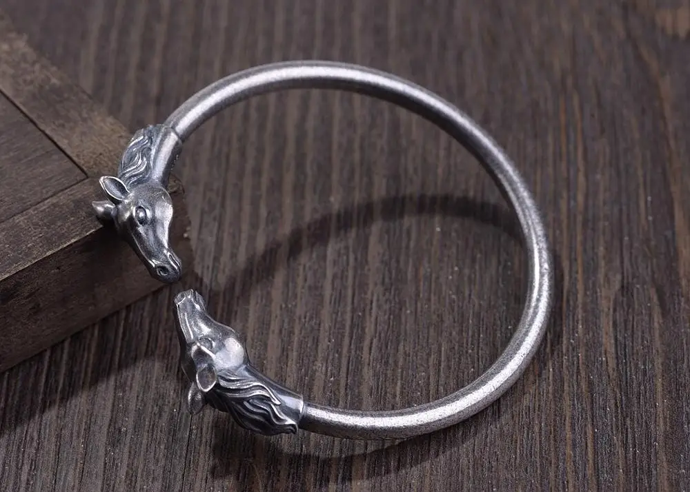 

100%925 Sterling Silver color Good Luck Handmade Bracelet Double Horse Symbol Cuff Bracelet Pure Silver color Man Bangle Jewelry