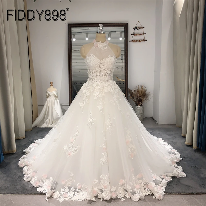 

Fiddy898 Simple Halter A Line Wedding Dresses For Woman Illusion Sleeveless Bridal Dress Court Train vestido de noiva