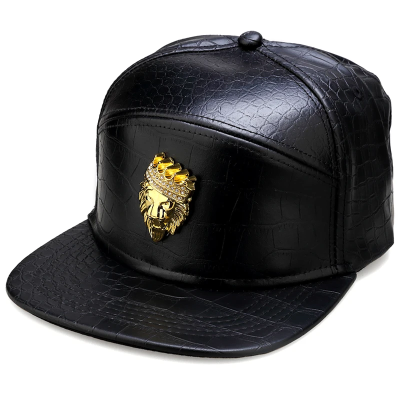 Hip Hop Crown Lion Head Logo PU Leather Baseball Cap Rap 5 Panel Metal Casual Belt Buckle Snapback Hats Men Black Red Gold
