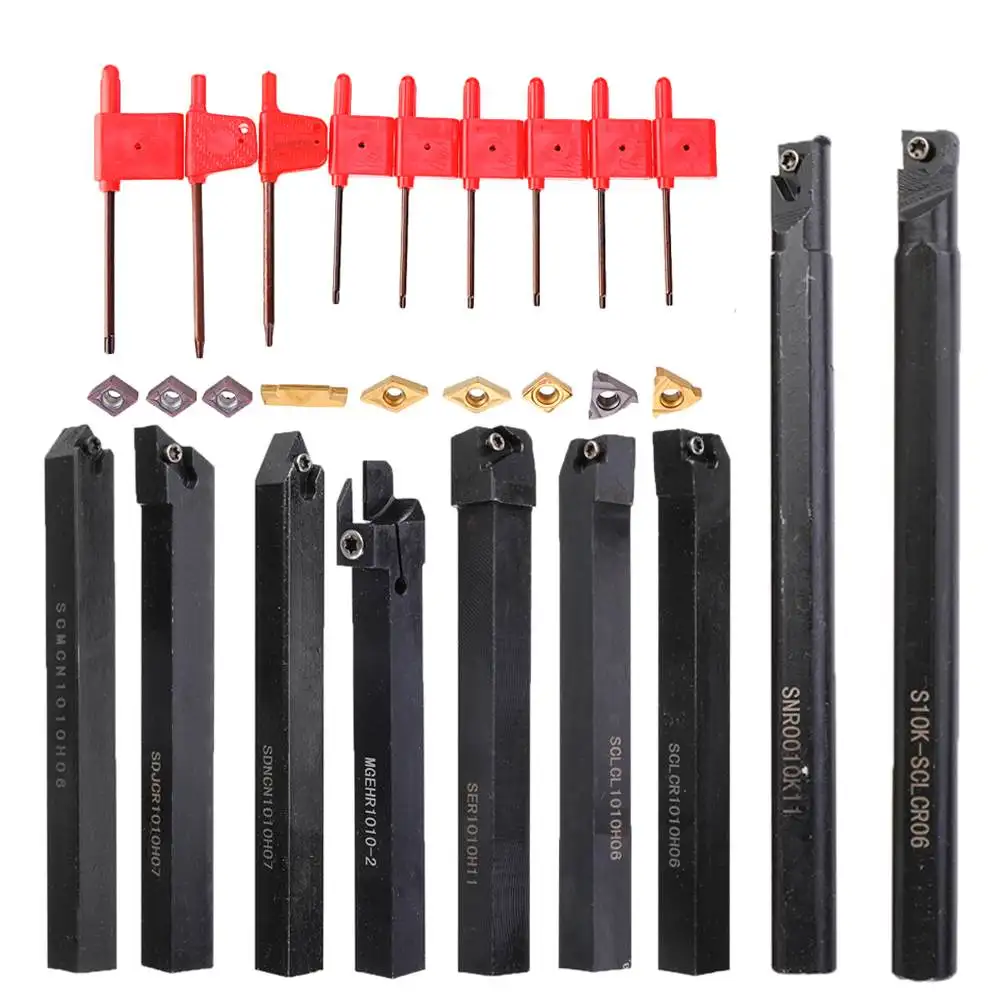 

9pcs 10mm Shank Lathe Boring Bar Turning Tool Holder Set With Carbide Inserts Lathe Metal Cutter Wood CNC Machine Tools