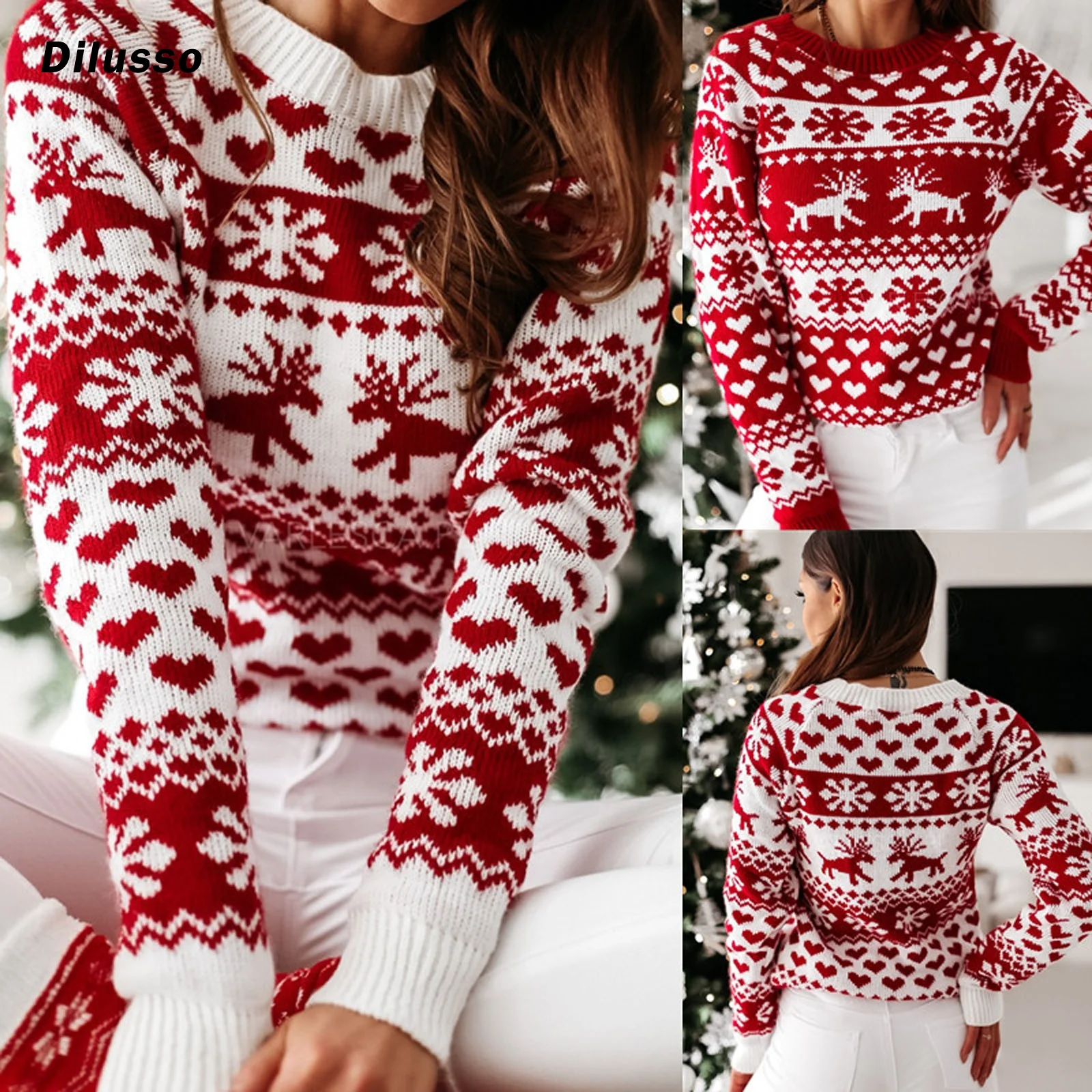 

2021 New Women Fashion Christmas Sweater Knitted Printed Long Sleeve Round Neck Sweater Xmas Party Loose Long Sleeve Sweater 202