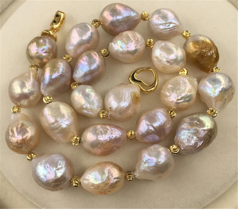 

HABITOO Natural Rare Gold Purple 12-16mm Baroque Freshwater Pearl With Gold Beads Mix Necklace 20inches Heart Clasp Jewelry