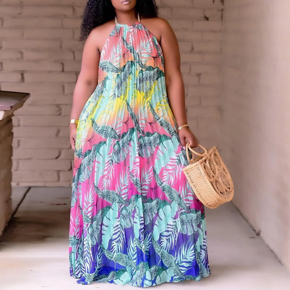 

XL-5XL Sexy Halter Printed Plus Size Dress Women Ethnic Style Fashion Long Dresses 2021 Summer Sleeveless Bohemian Holiday Robe