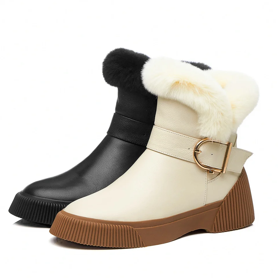 

EshtonShero Snow Boots Shoes Woman Women Wedge Med Heels Winter Round Toe Warm Fur Buckle Ladies Motorcycle Riding Boot Size 3-8