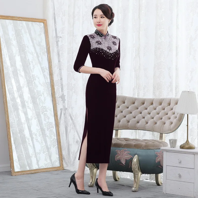

Autumn winter new beaded golden velvet cheongsam long retro improved slim high-end toast cheongsam dress woman chinese dress