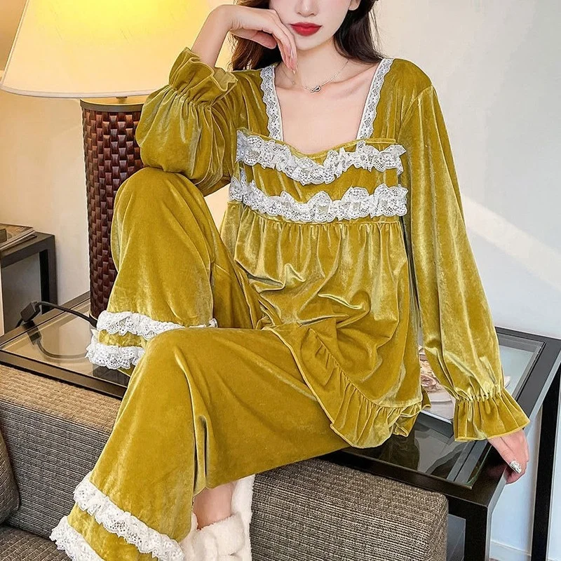 

Women Autumn Winter 2 Piece Pajamas Set Square Collar Long Sleeve Top & Pants Sweet Princess Velvet Sleepwear Woman Pajamas Y51