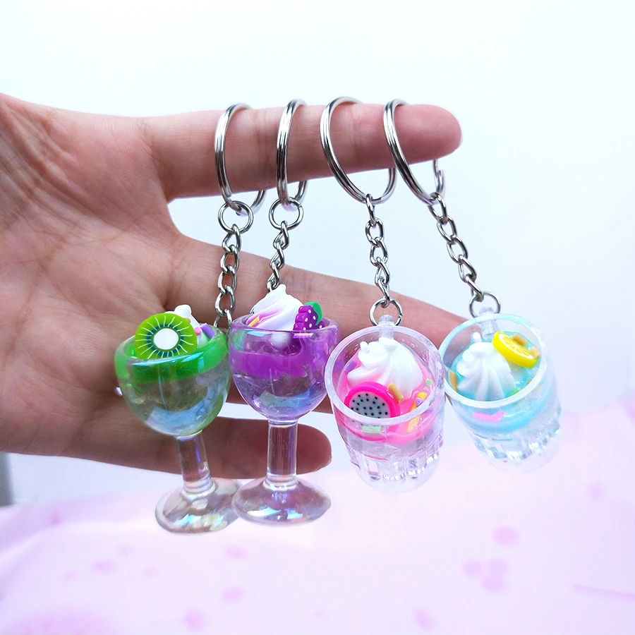 Acrylic Cute Keychain Ice Cream Pearl Milk Tea Drink Bottle Keyring Bag Pendant Couples Women Men Girl Gift Trinket Dropshipping