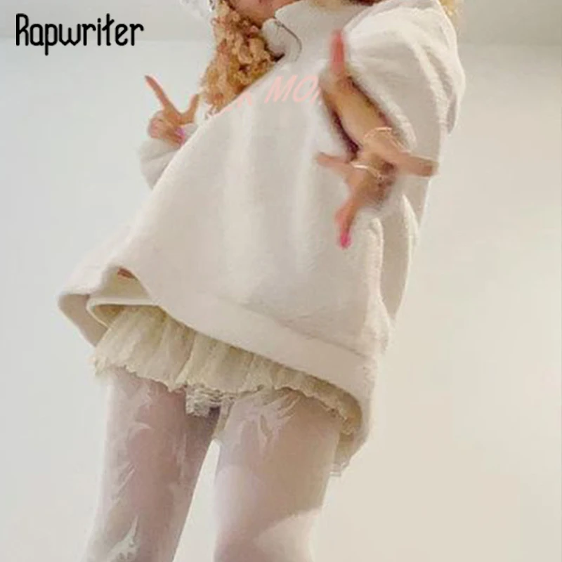 

Белый пуловер Rapwriter из овечьей шерсти с милыми буквами, y2k, зимний толстый Свободный свитшот для девочек в стиле Харадзюку, топы на молнии, По...