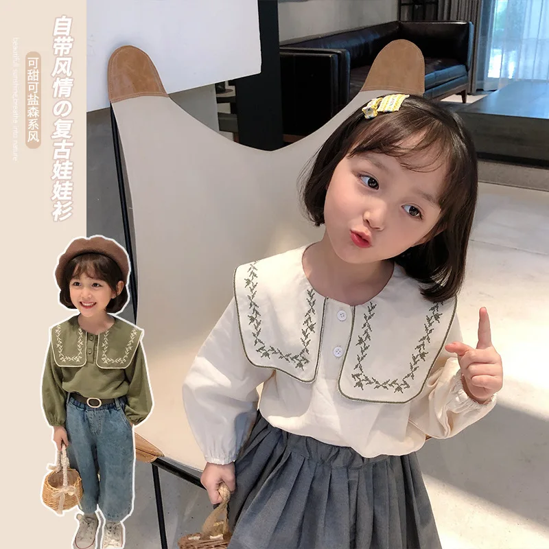 

2021 New Arrival Girls Embroidered Sleeve Shirt Summer Style Girls Sweet Lotus Leaf Collar Cotton 2-6Y Top