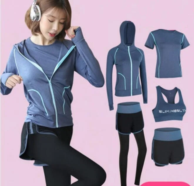 High waist pants+hooded coat+t shirt+bra+short women yoga 5 pieces set outdoor running quick dry fitness gym clothing sports 3XL |