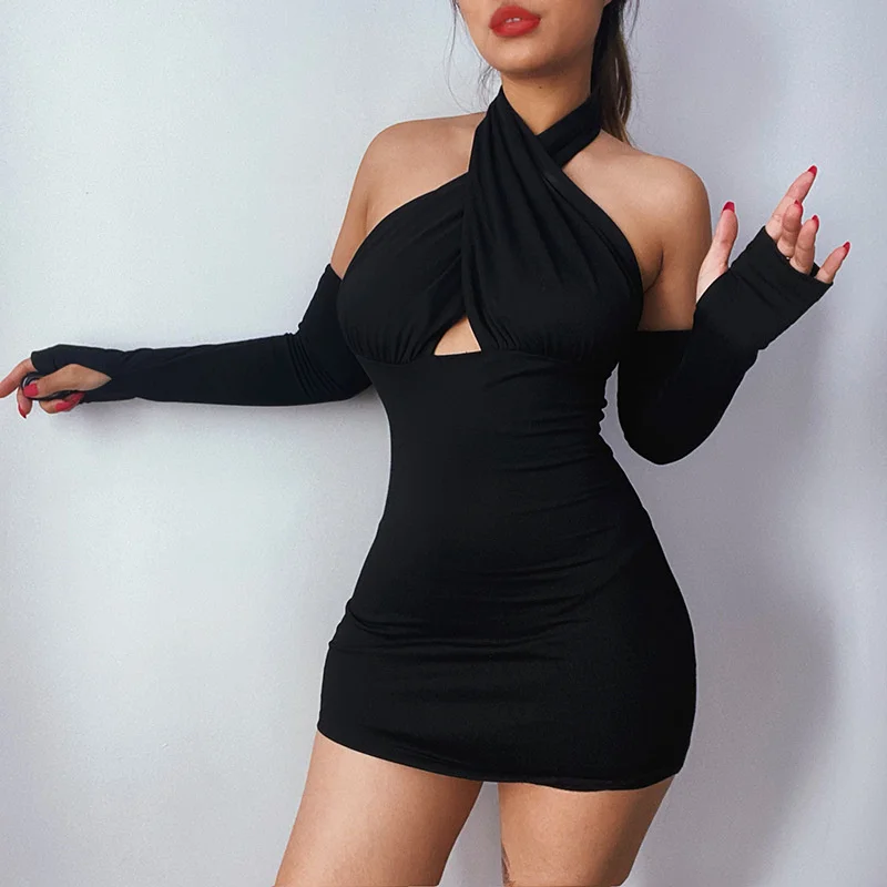 

Thorn Tree Women Sexy Hollow Out Criss Cross Halter Dress Fashion Slim Sleeveless Streetwear Mini Dress 2021 New Female Vestidos