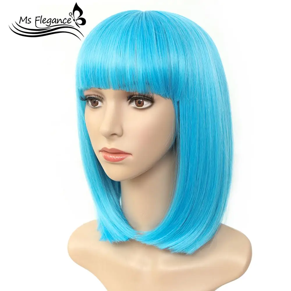 MS синий парик 12 ''короткий боб прямые челки короткие волосы Косплей