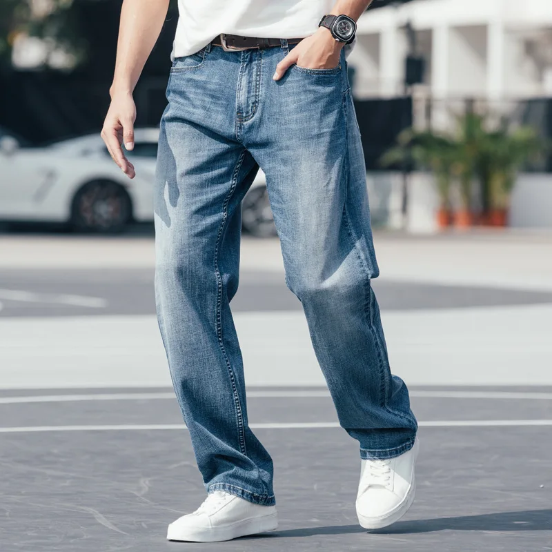 Summer Thin Section Men Jeans Wide Leg Denim Pants Loose Hip Hop Skateboard Elastic Straight Blue Trousers Baggy | Мужская одежда