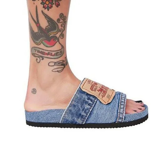 

New 2021 women's sandals hollow out solid color casual denim fish mouth flat heel low top slippers
