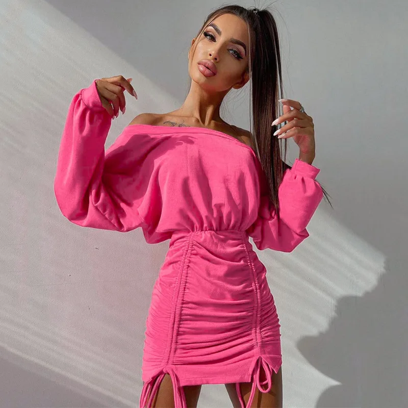 

Solid Long Sleeves One Shoulder Shirring Draped Bandage Mini Dress 2021 Fall Winter Women Fashion Sexy Elegant Clothing