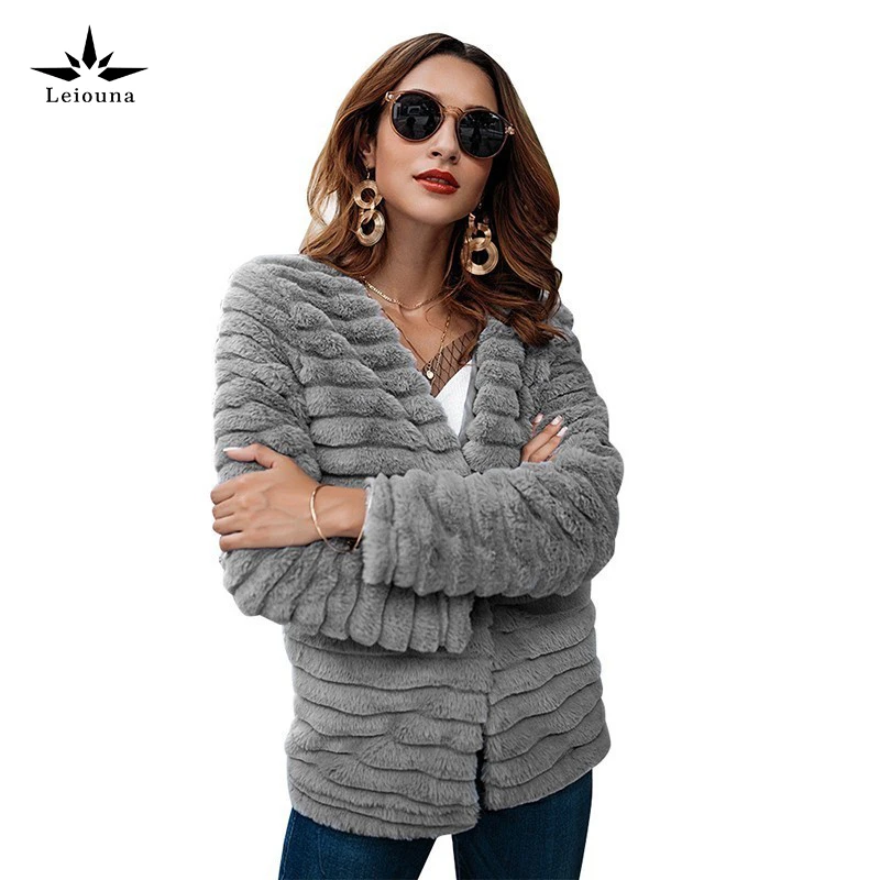 

Casual V-Neck Faux Fur High Street Coats Plush Women Fluffy Coat Autumn Winter Fashion Warm womens Furry Jacket Female Outerwear