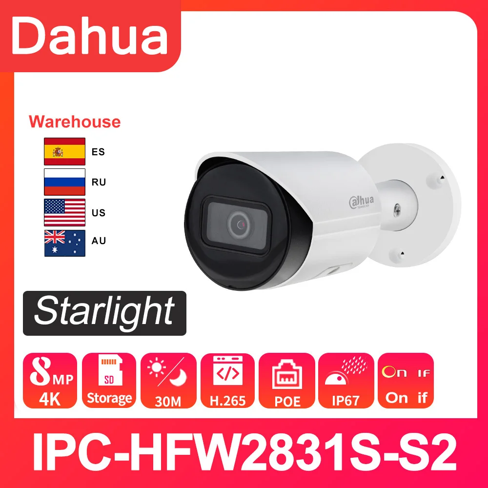 

Dahua Camera 8MP IP CAMERA IPC-HFW2831S-S-S2 4K POE SD Card Slot H.265+ 30M IR IVS IP67 Starlight Bullet Network Camera